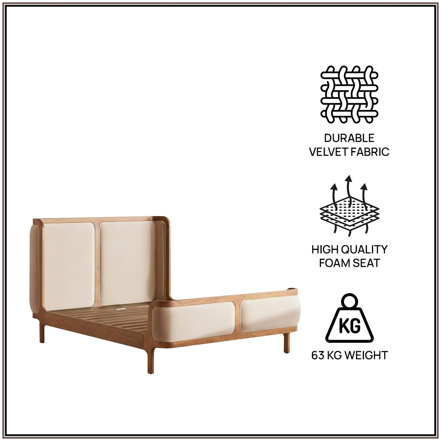 Valerio Duo-Panel Luxe King Size Bed in Off White Velvet with Oak wood Frame