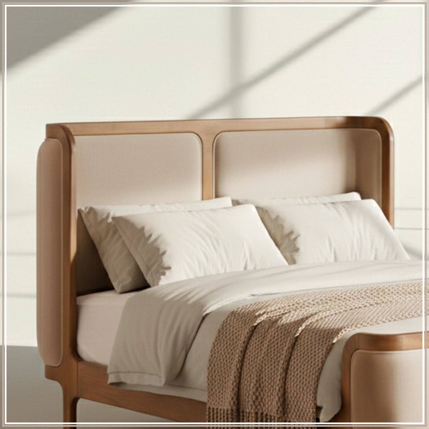 Valerio Duo-Panel Luxe King Size Bed in Off White Velvet with Oak wood Frame