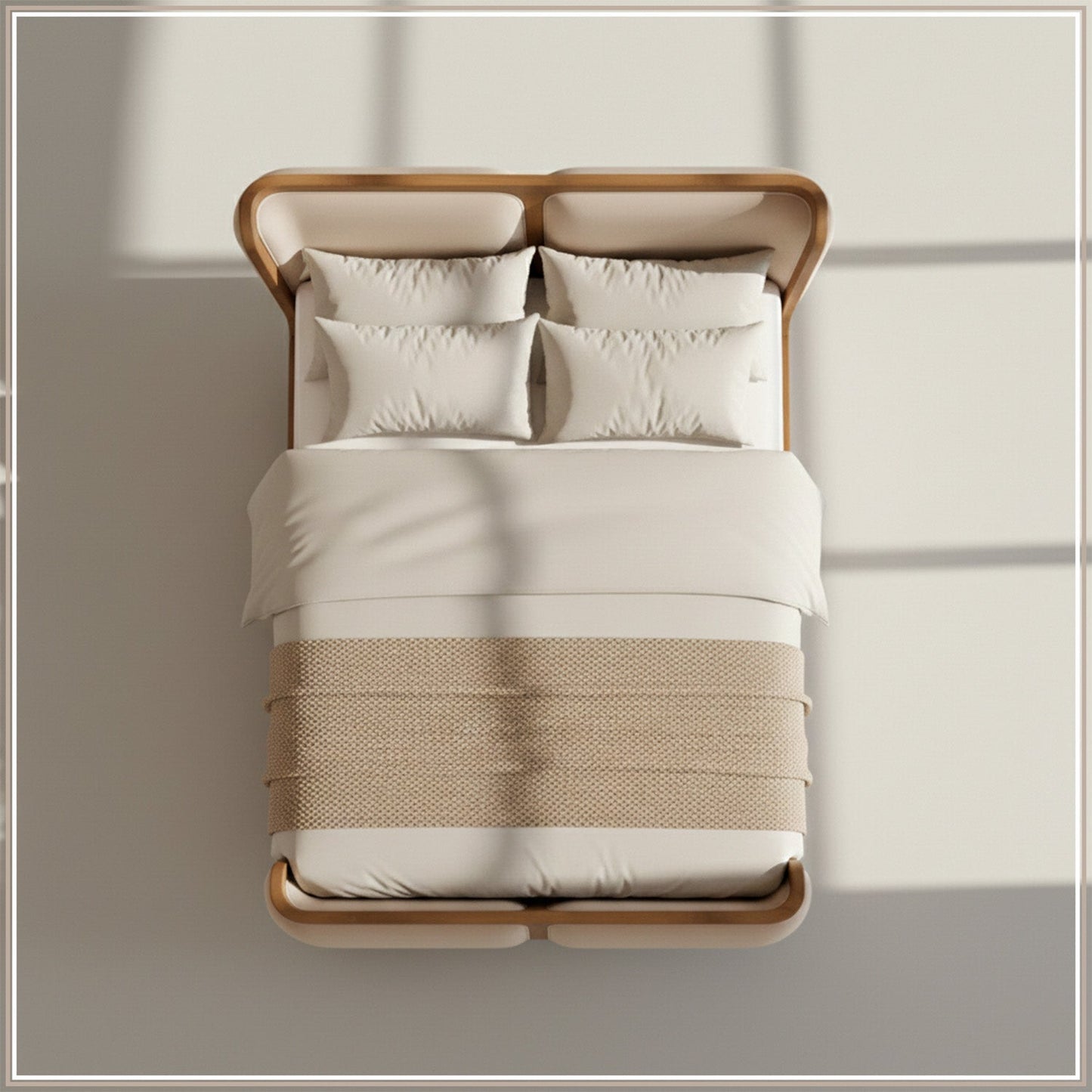 Valerio Duo-Panel Luxe Queen Size Bed in Off White Velvet with Oak wood Frame