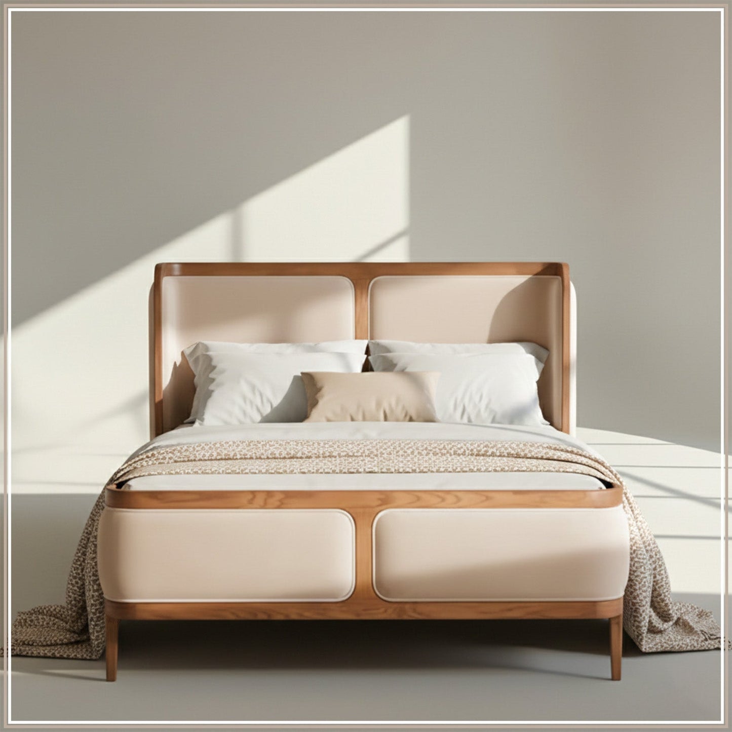 Valerio Duo-Panel Luxe Queen Size Bed in Off White Velvet with Oak wood Frame