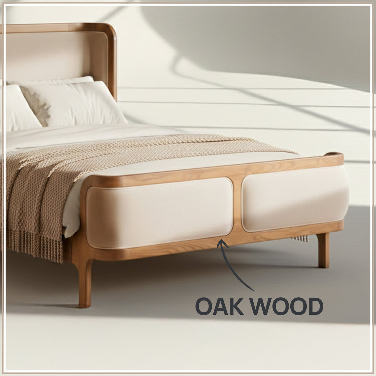 Valerio Duo-Panel Luxe Queen Size Bed in Off White Velvet with Oak wood Frame