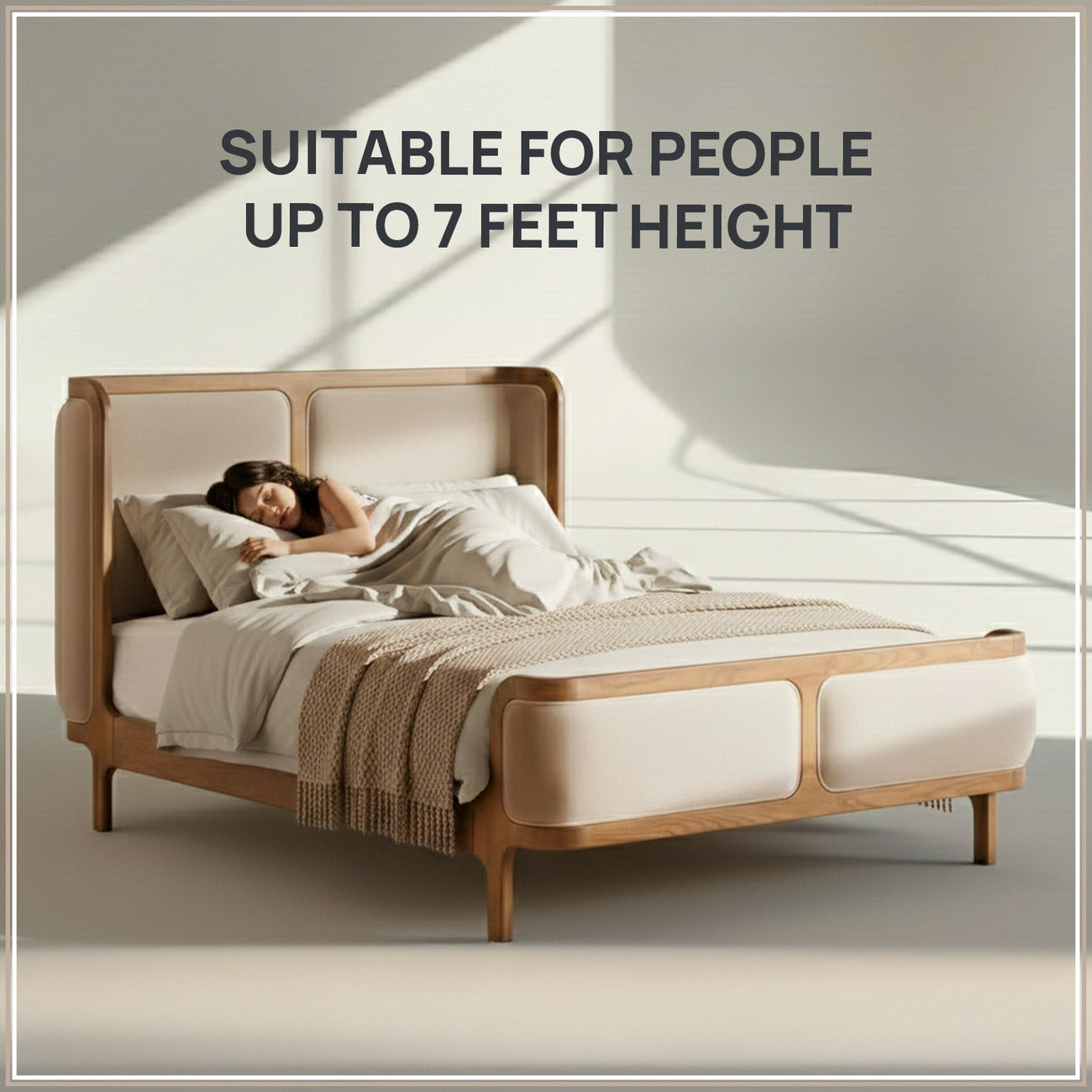 Valerio Duo-Panel Luxe Queen Size Bed in Off White Velvet with Oak wood Frame