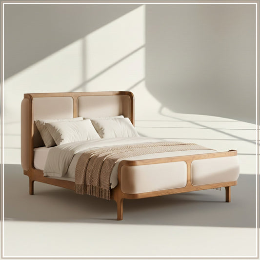 Valerio Duo-Panel Luxe Queen Size Bed in Off White Velvet with Oak wood Frame
