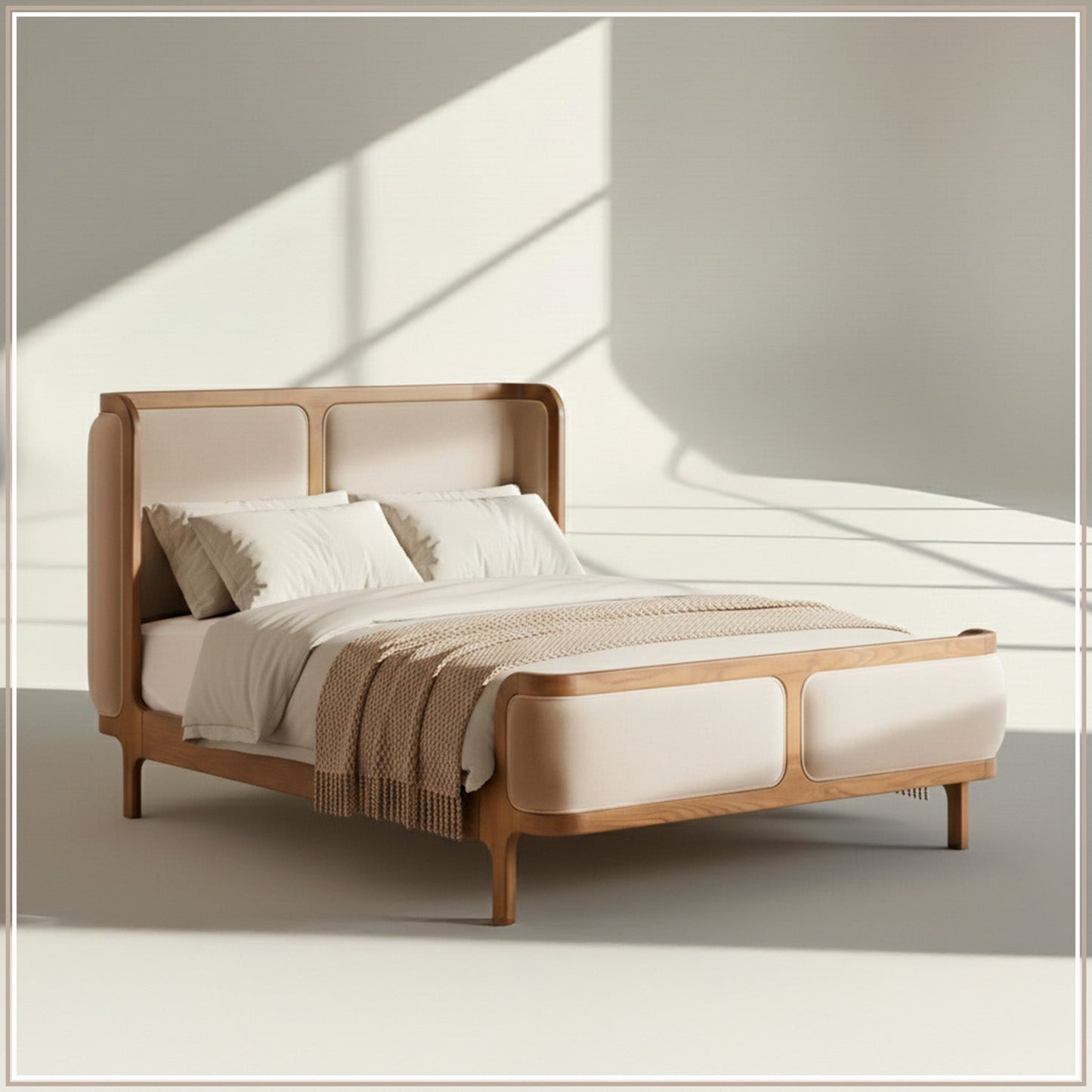 Valerio Duo-Panel Luxe King Size Bed in Off White Velvet with Oak wood Frame
