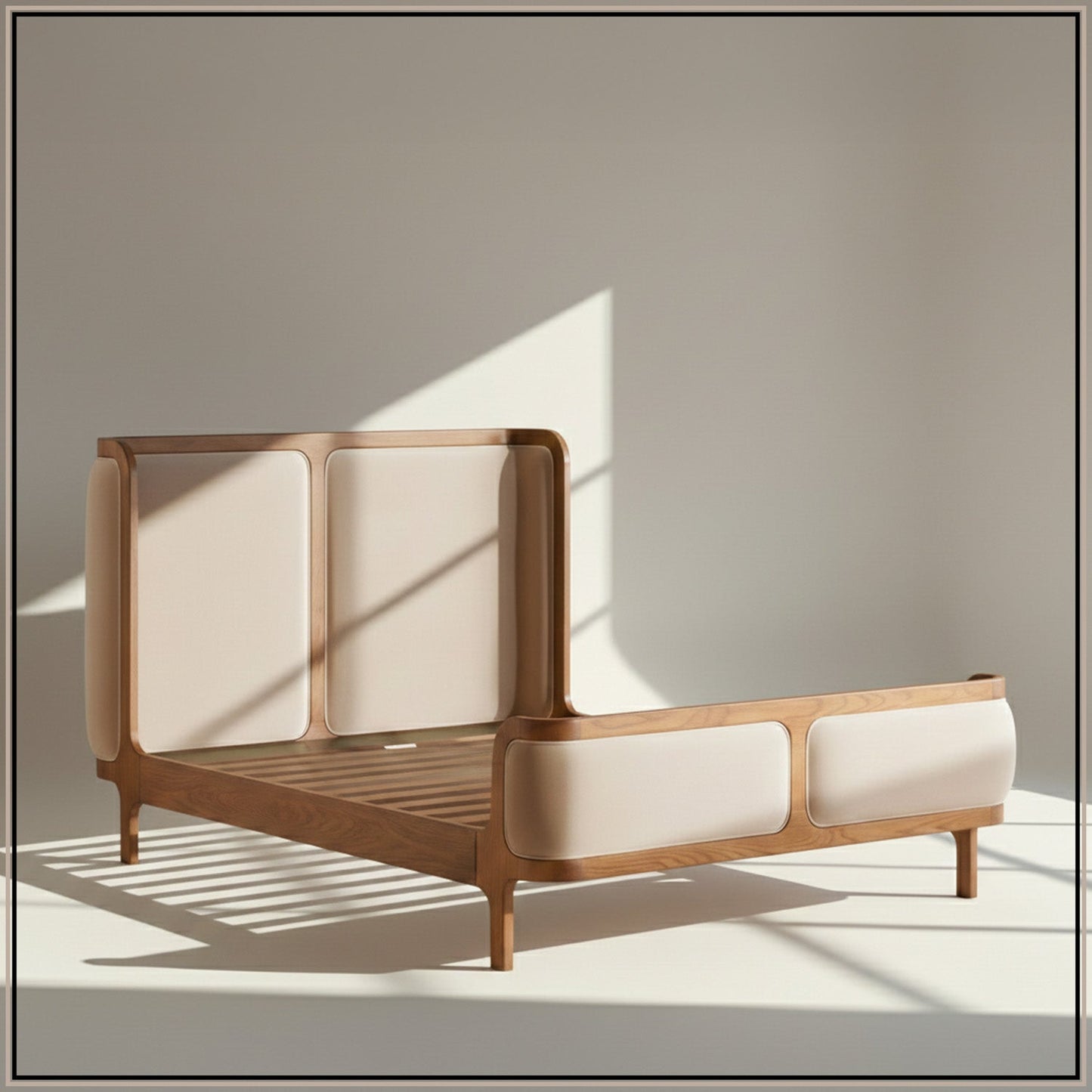 Valerio Duo-Panel Luxe Queen Size Bed in Off White Velvet with Oak wood Frame
