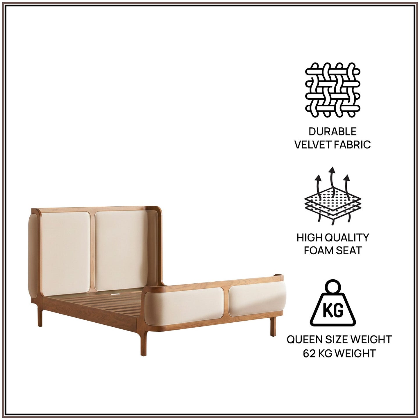 Valerio Duo-Panel Luxe Queen Size Bed in Off White Velvet with Oak wood Frame