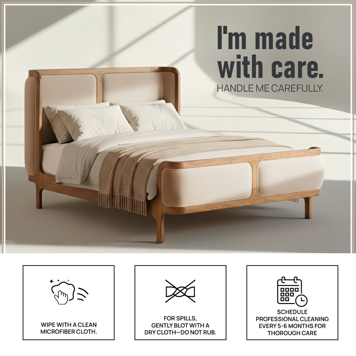 Valerio Duo-Panel Luxe Queen Size Bed in Off White Velvet with Oak wood Frame