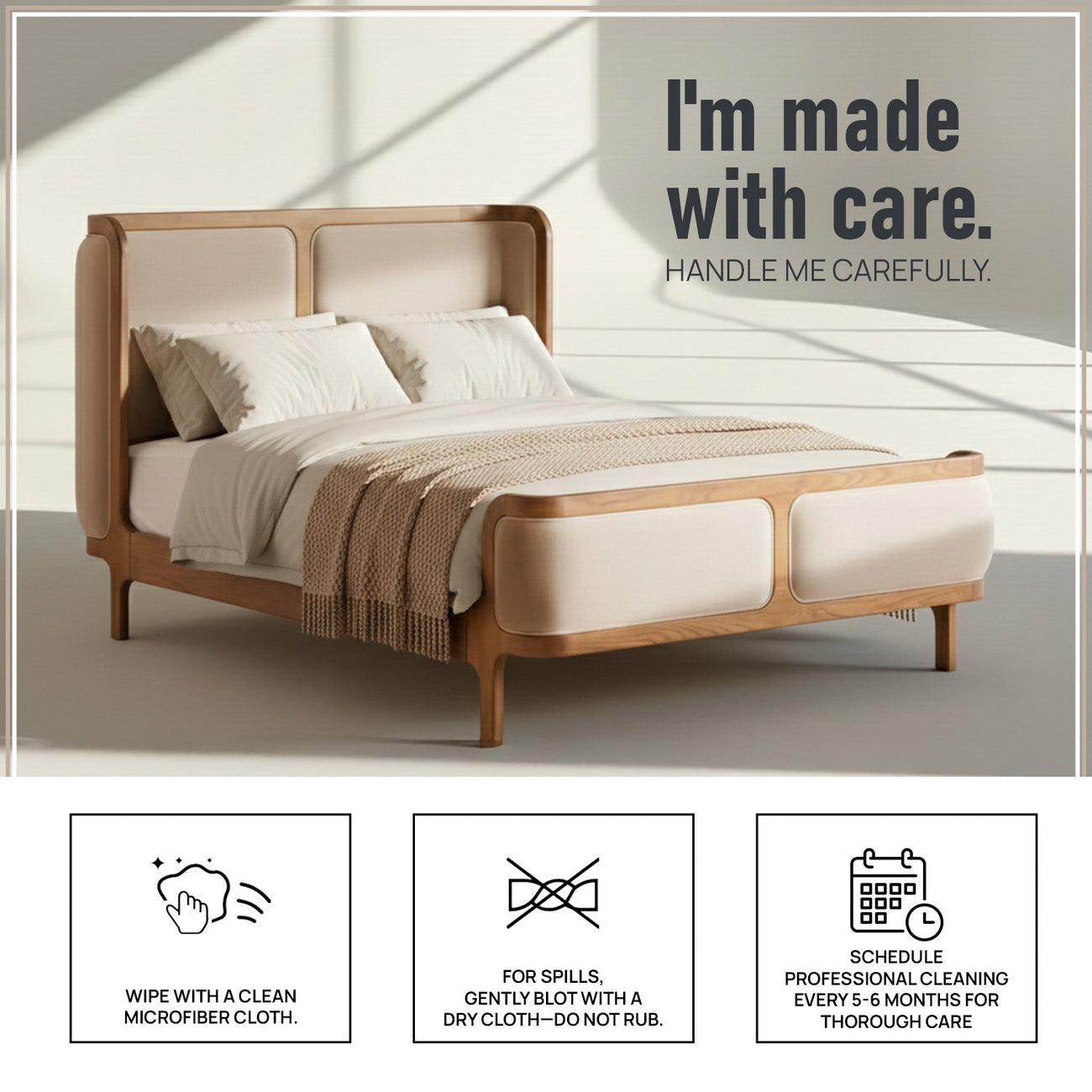 Valerio Duo-Panel Luxe Queen Size Bed in Off White Velvet with Oak wood Frame
