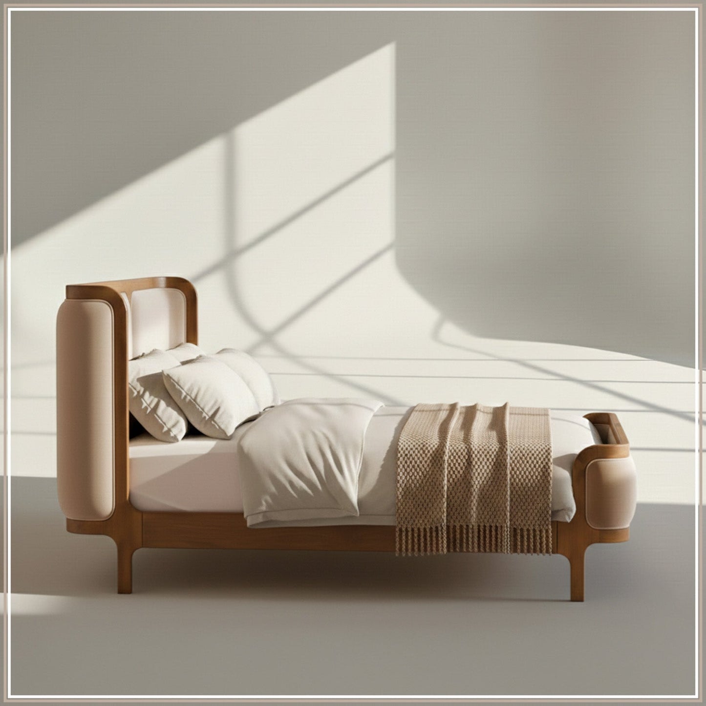 Valerio Duo-Panel Luxe King Size Bed in Off White Velvet with Oak wood Frame