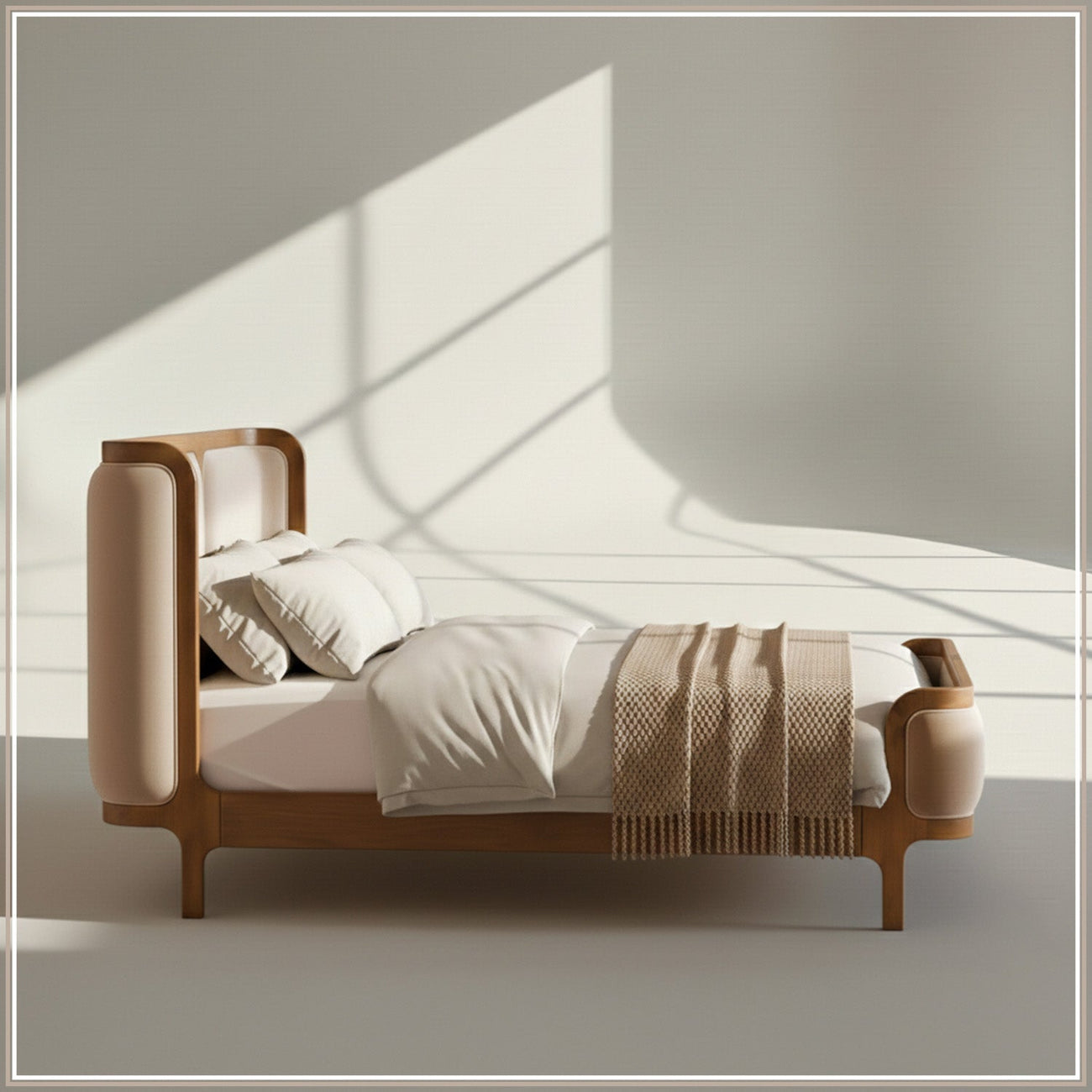 Valerio Duo-Panel Luxe King Size Bed in Off White Velvet with Oak wood Frame