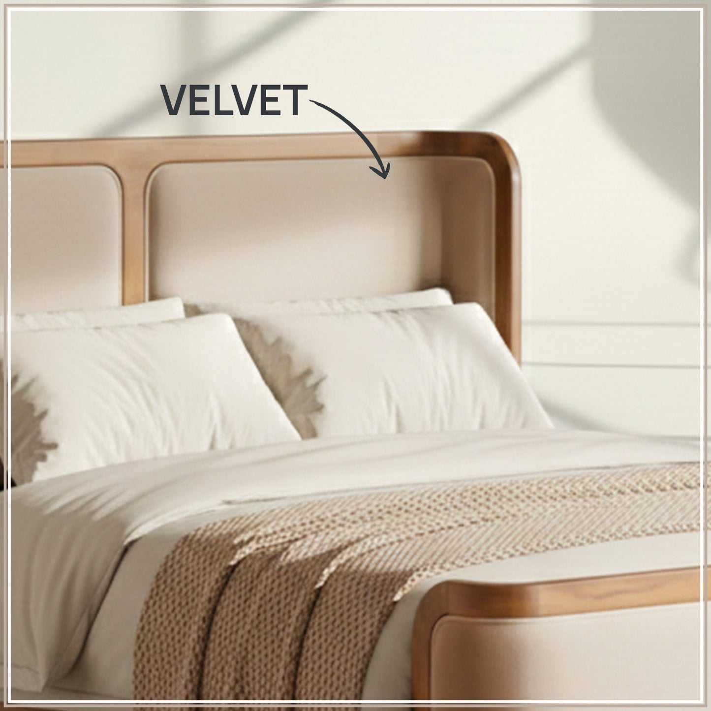 Valerio Duo-Panel Luxe King Size Bed in Off White Velvet with Oak wood Frame