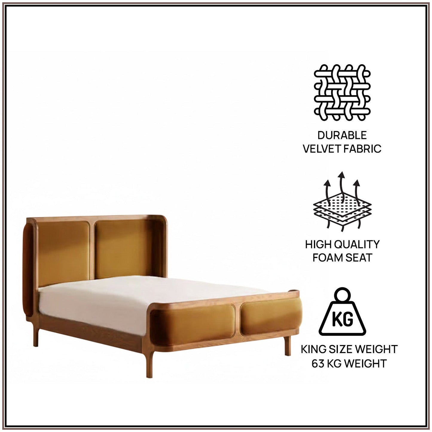 Valerio Duo-Panel Luxe King Size Bed in Mustard Velvet with Oak wood Frame