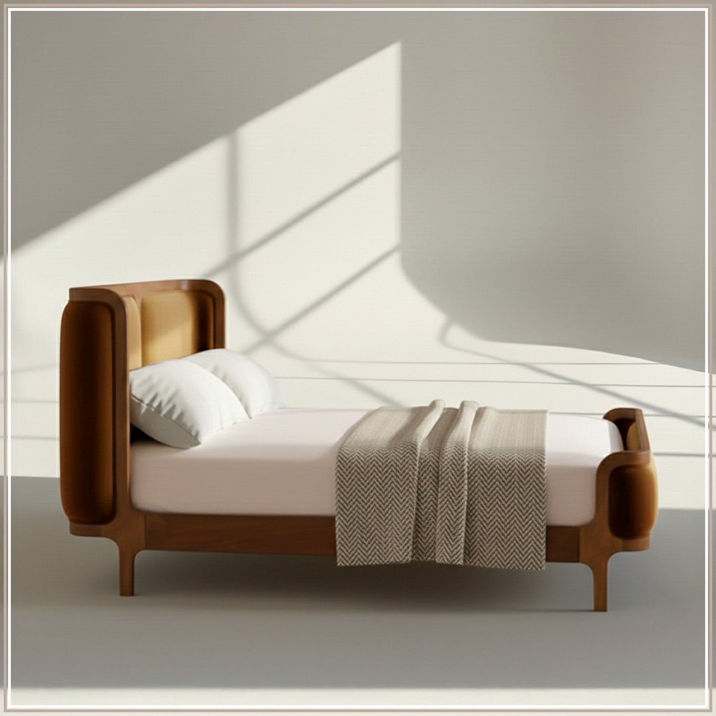 Valerio Duo-Panel Luxe Queen Size Bed in Mustard Velvet with Oak wood Frame