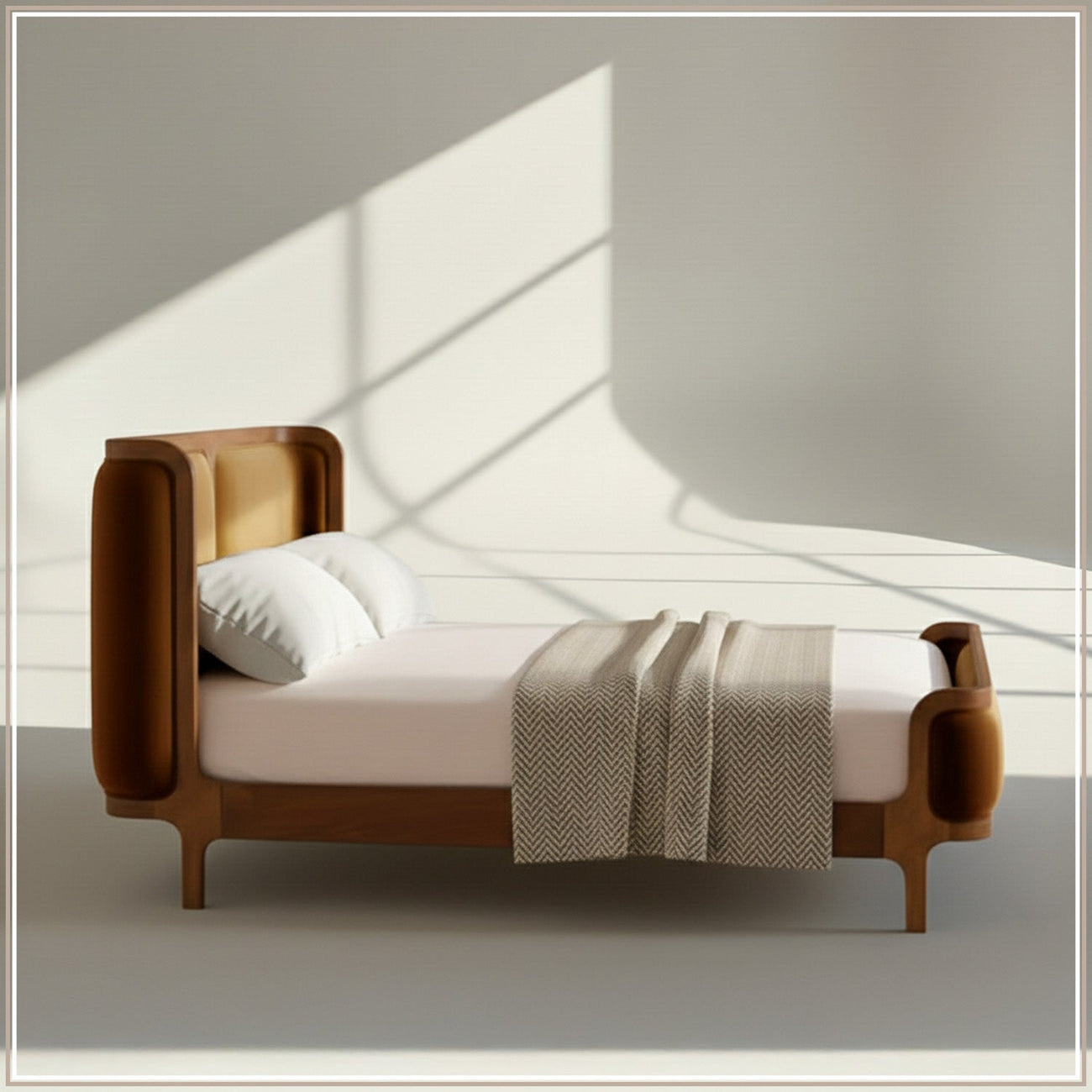 Valerio Duo-Panel Luxe Queen Size Bed in Mustard Velvet with Oak wood Frame