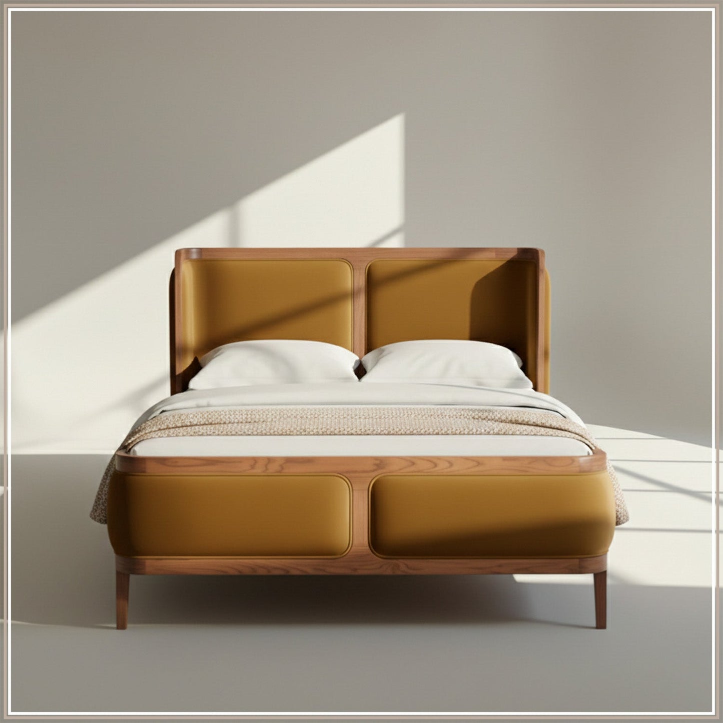 Valerio Duo-Panel Luxe Queen Size Bed in Mustard Velvet with Oak wood Frame
