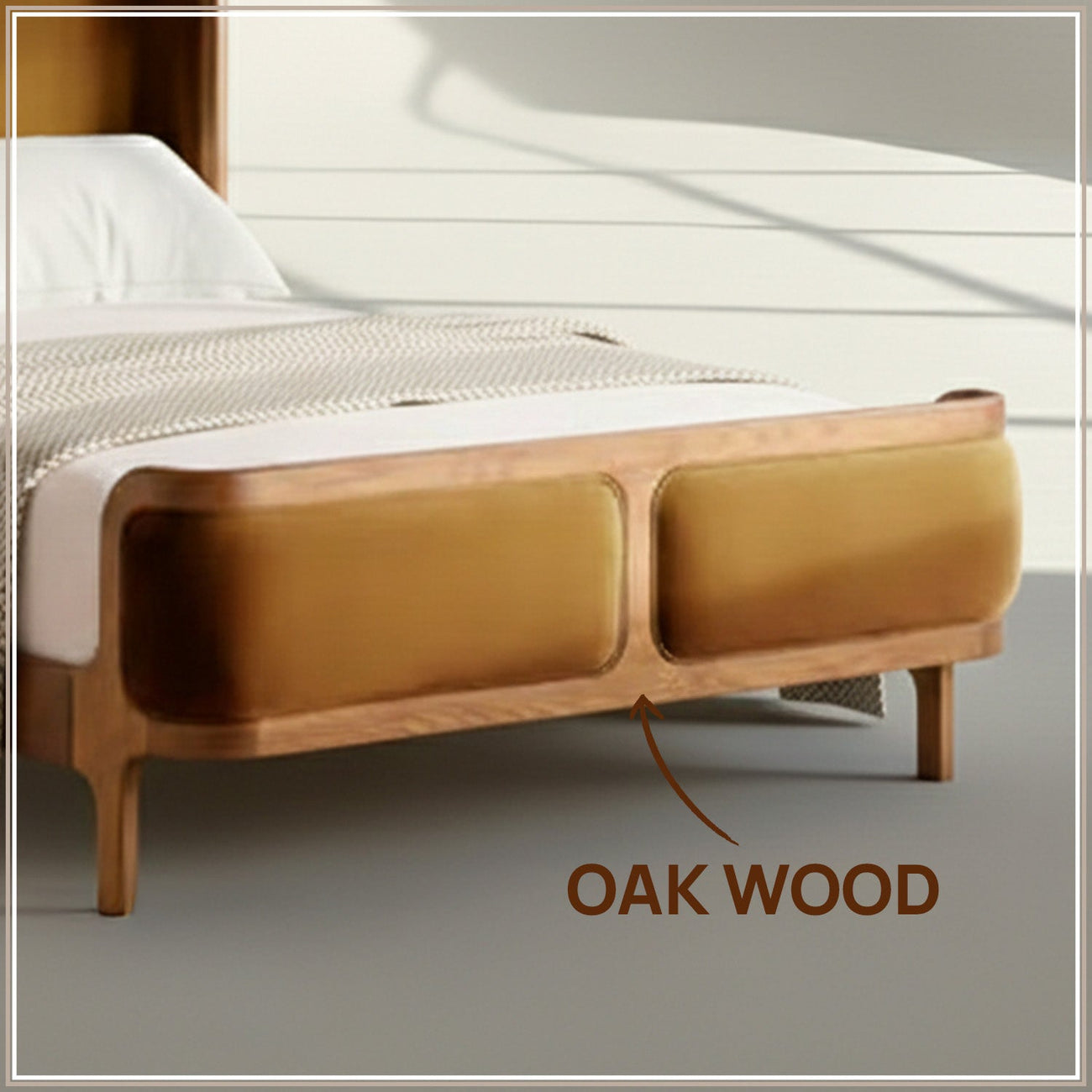 Valerio Duo-Panel Luxe Queen Size Bed in Mustard Velvet with Oak wood Frame