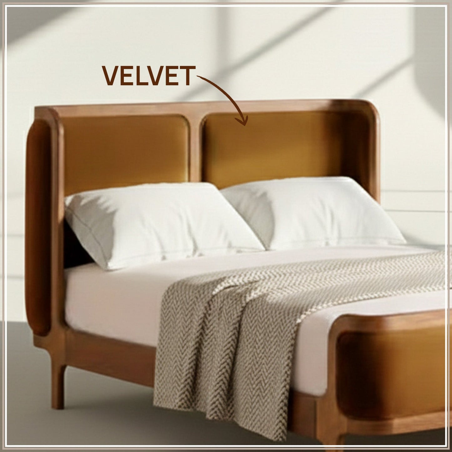 Valerio Duo-Panel Luxe Queen Size Bed in Mustard Velvet with Oak wood Frame