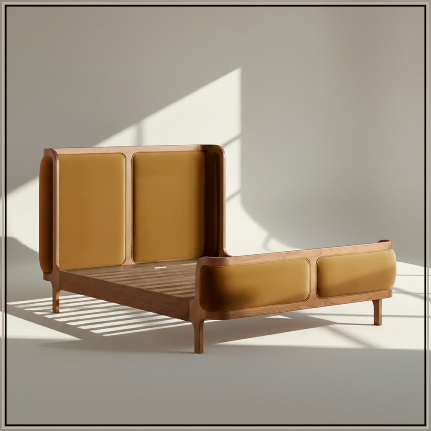Valerio Duo-Panel Luxe Queen Size Bed in Mustard Velvet with Oak wood Frame