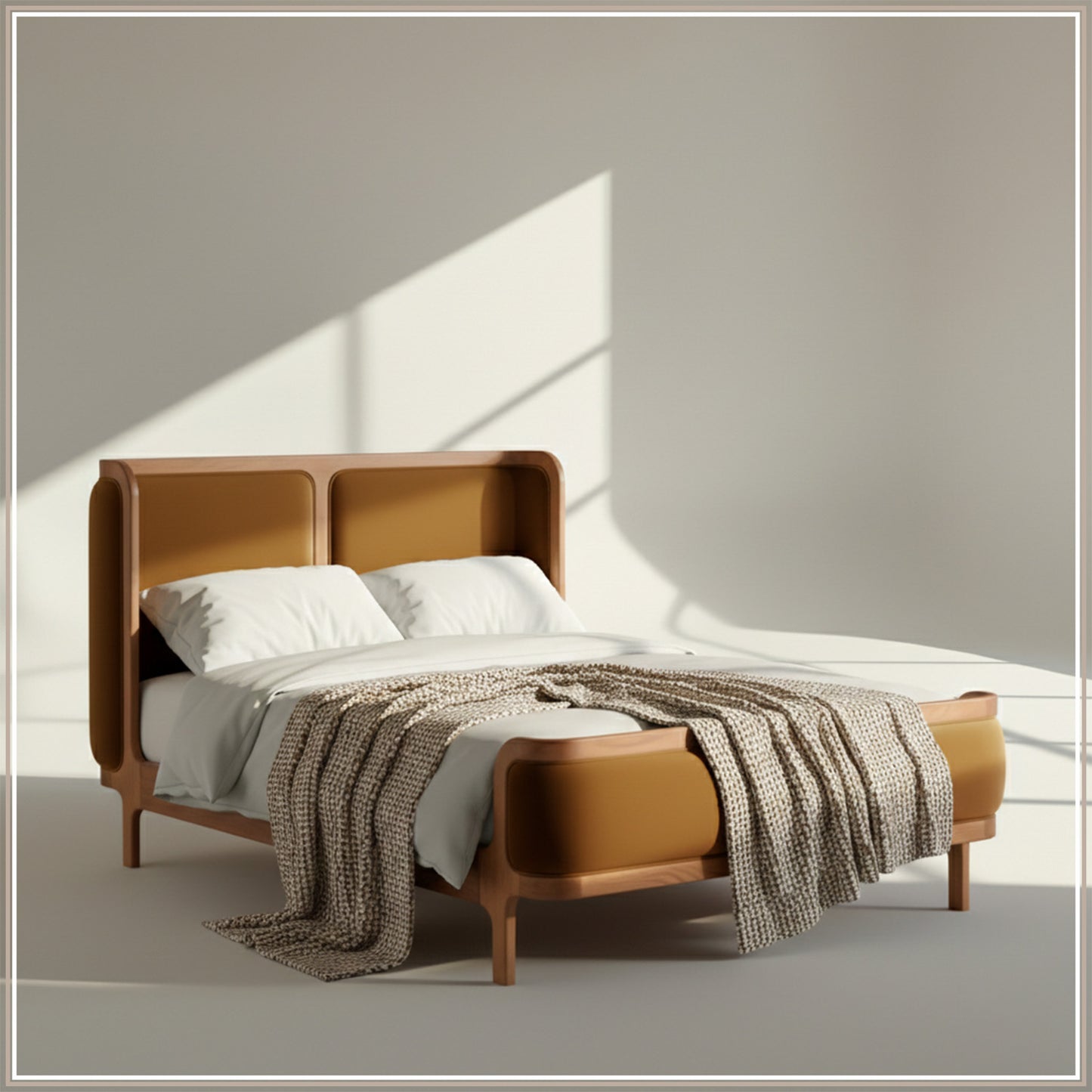 Valerio Duo-Panel Luxe Queen Size Bed in Mustard Velvet with Oak wood Frame & Hydraulic Storage