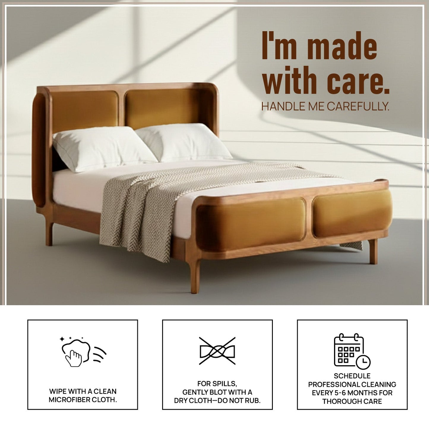 Valerio Duo-Panel Luxe Queen Size Bed in Mustard Velvet with Oak wood Frame