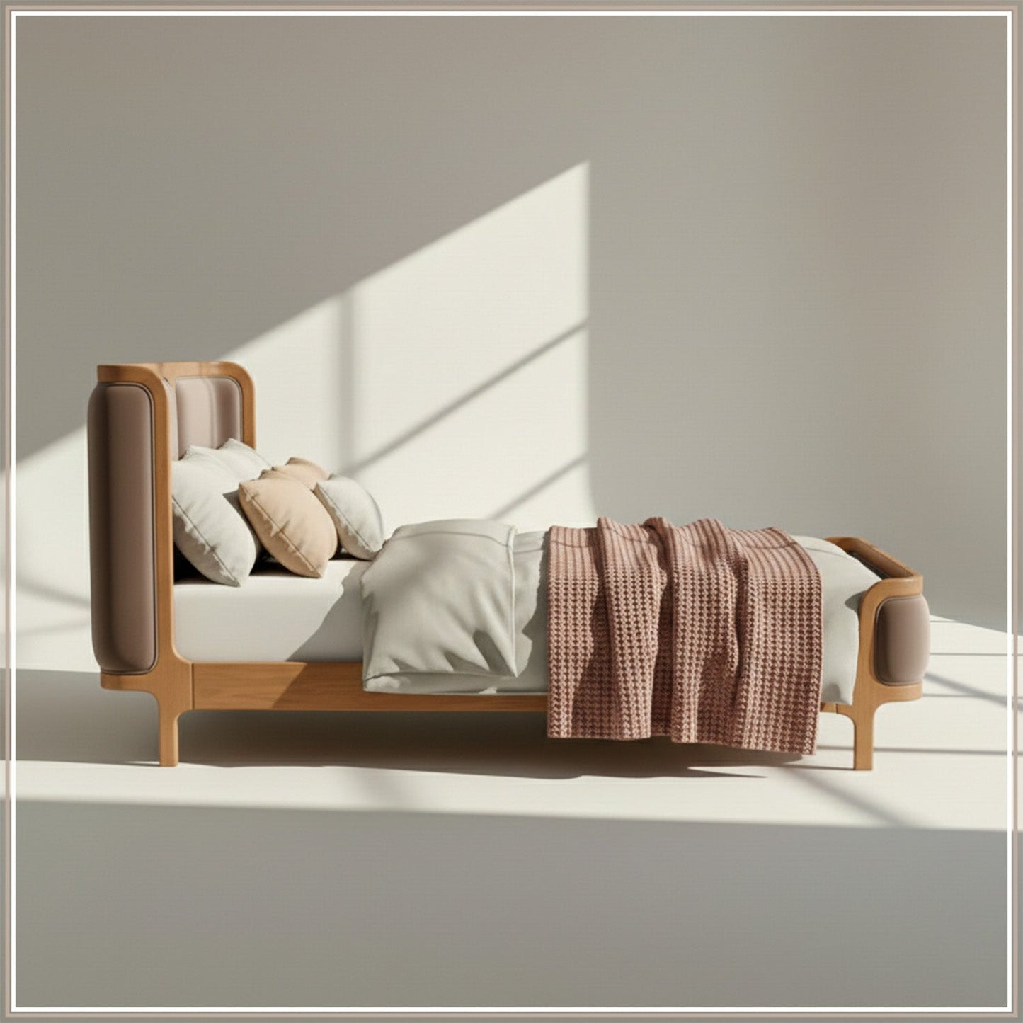 Valerio Duo-Panel Luxe Queen Size Bed in Tuape Velvet with Oak wood Frame