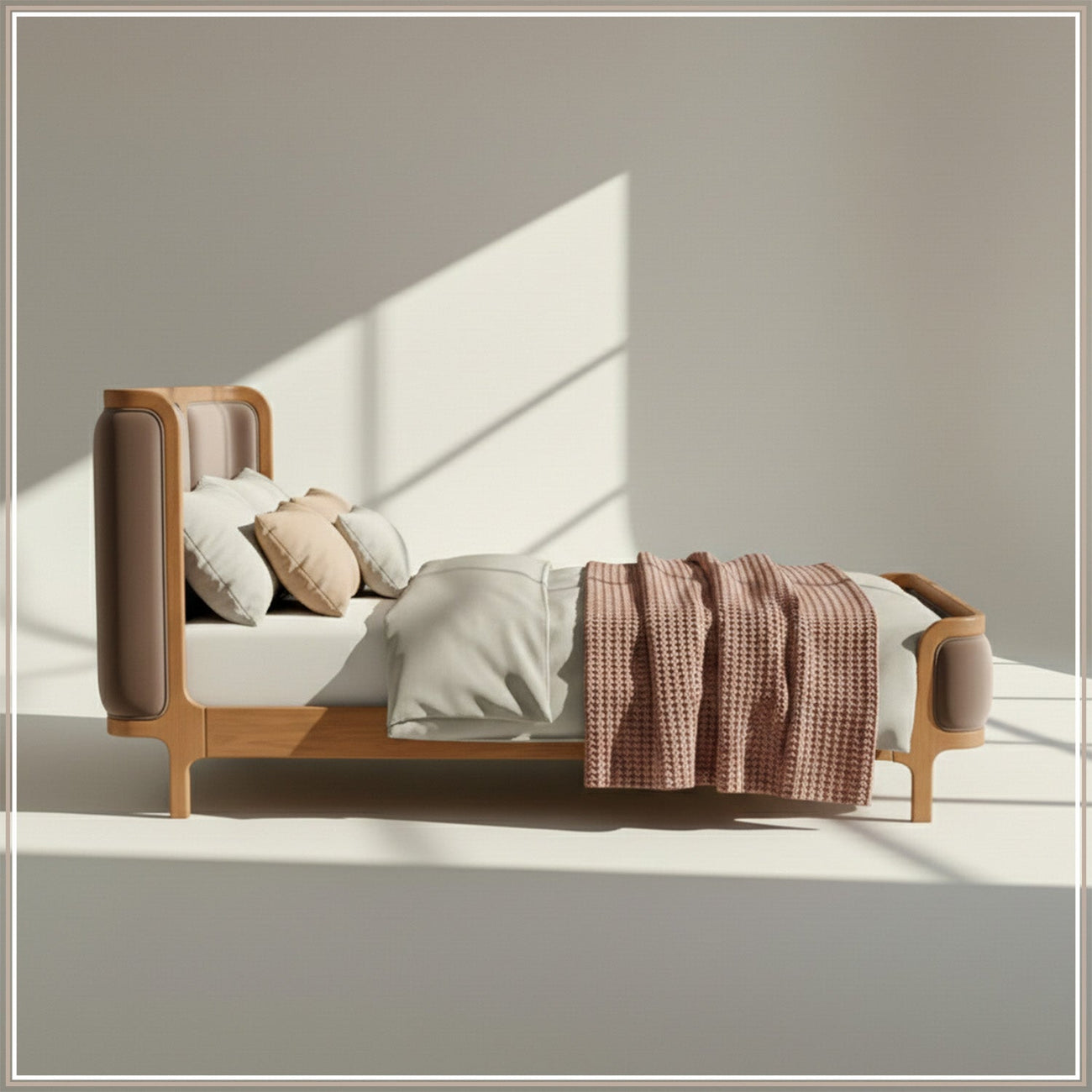 Valerio Duo-Panel Luxe Queen Size Bed in Tuape Velvet with Oak wood Frame