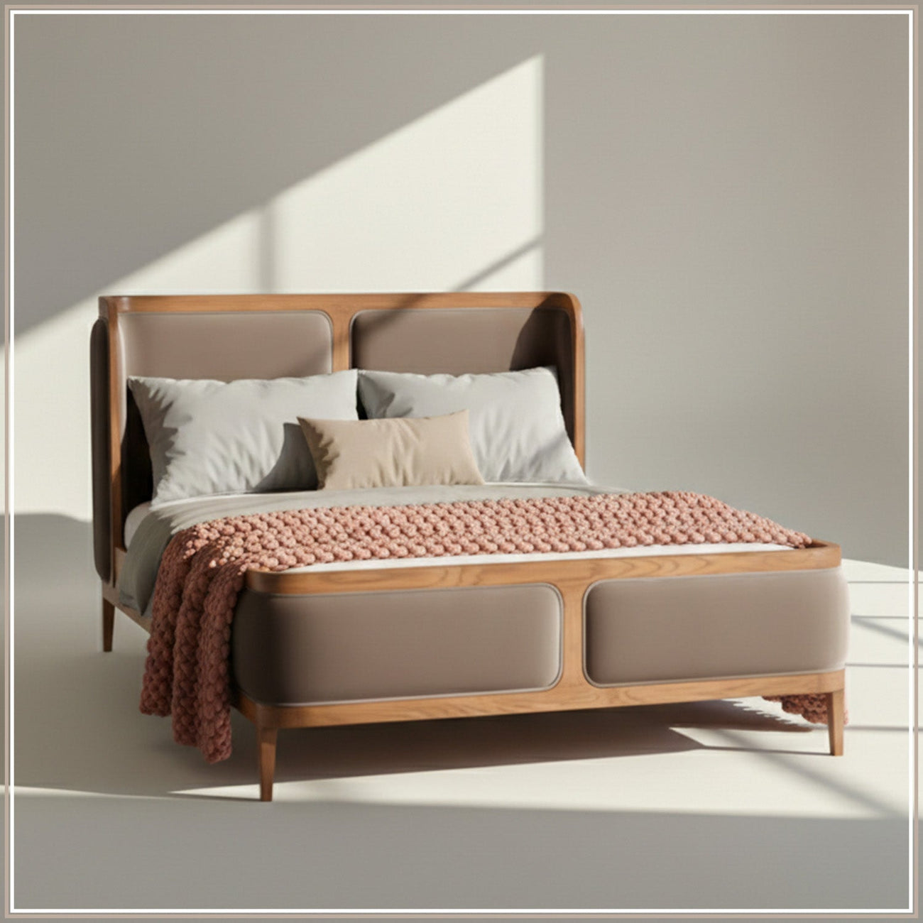 Valerio Duo-Panel Luxe Queen Size Bed in Tuape Velvet with Oak wood Frame