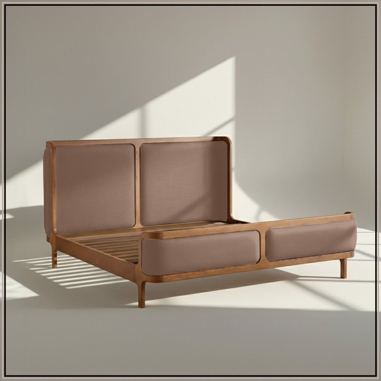 Valerio Duo-Panel Luxe Queen Size Bed in Tuape Velvet with Oak wood Frame