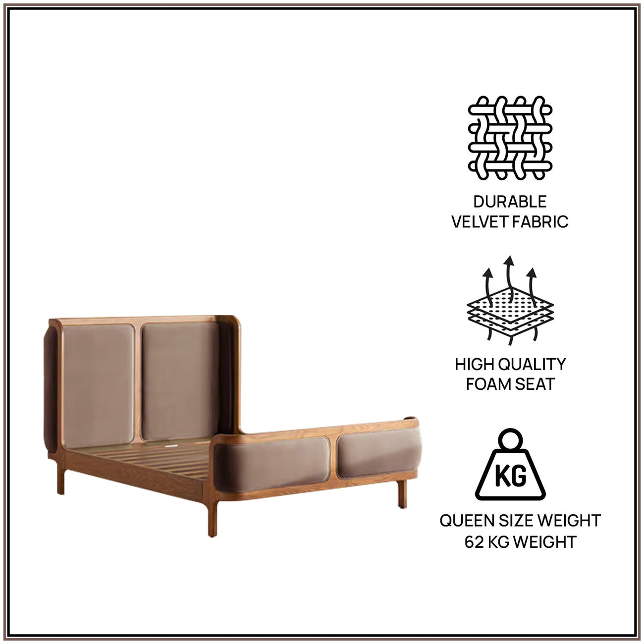 Valerio Duo-Panel Luxe Queen Size Bed in Tuape Velvet with Oak wood Frame