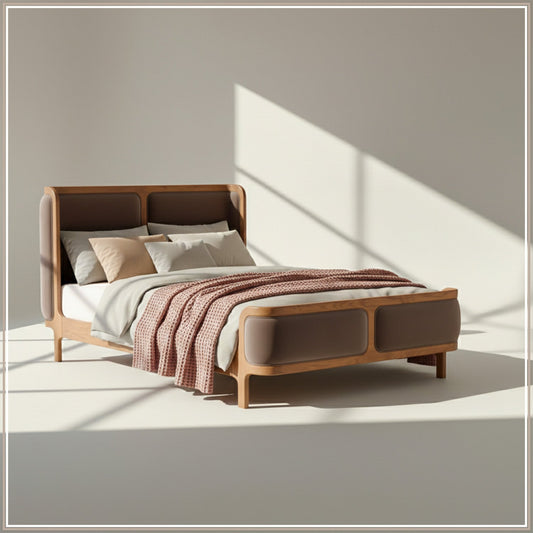 Valerio Duo-Panel Luxe Queen Size Bed in Tuape Velvet with Oak wood Frame