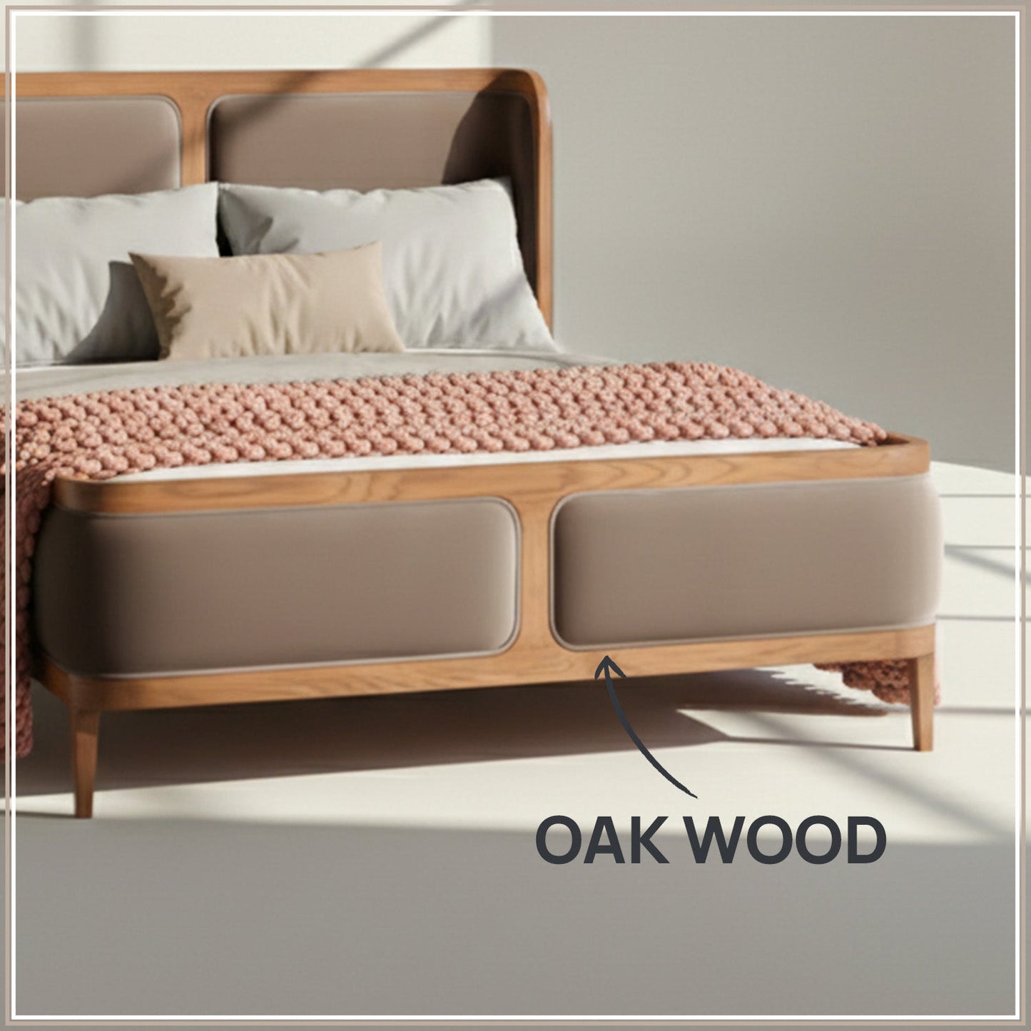 Valerio Duo-Panel Luxe King Size Bed in Tuape Velvet with Oak wood Frame