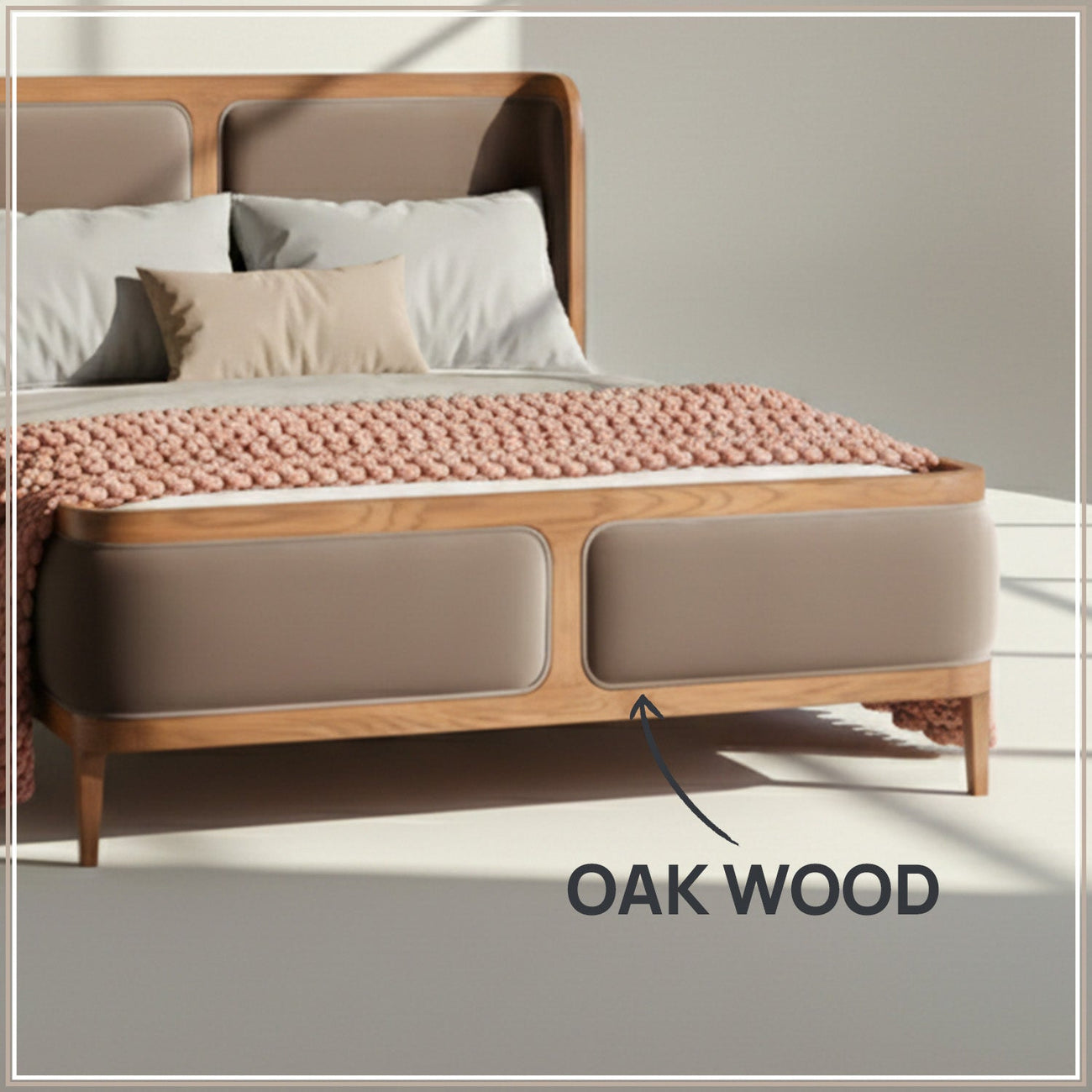 Valerio Duo-Panel Luxe King Size Bed in Tuape Velvet with Oak wood Frame