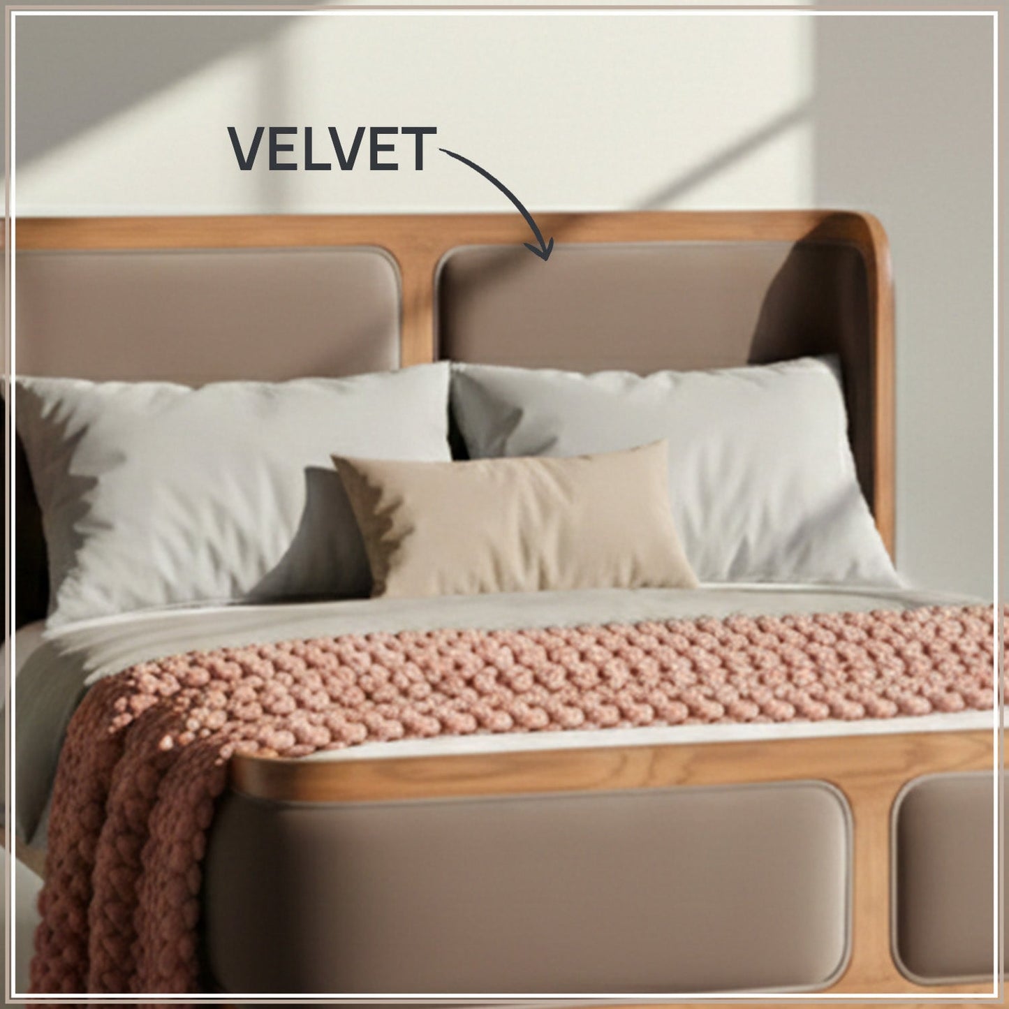 Valerio Duo-Panel Luxe King Size Bed in Tuape Velvet with Oak wood Frame