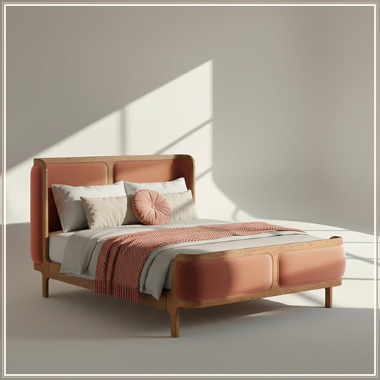 Valerio Duo-Panel Luxe King Size Bed in Antique Rose Velvet with Oak wood Frame