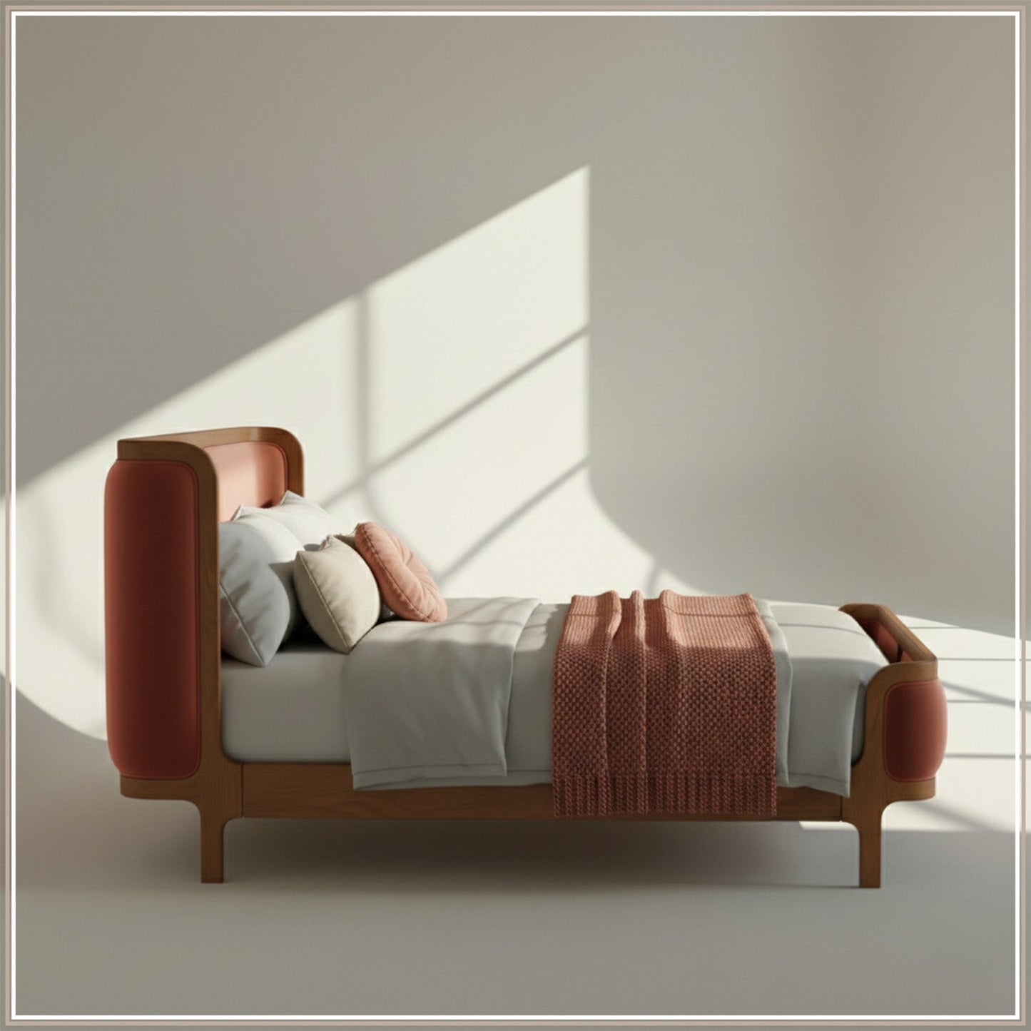 Valerio Duo-Panel Luxe Queen Size Bed in Antique Rose Velvet with Oak wood Frame