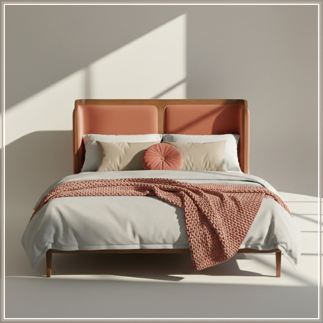 Valerio Duo-Panel Luxe King Size Bed in Antique Rose Velvet with Oak wood Frame