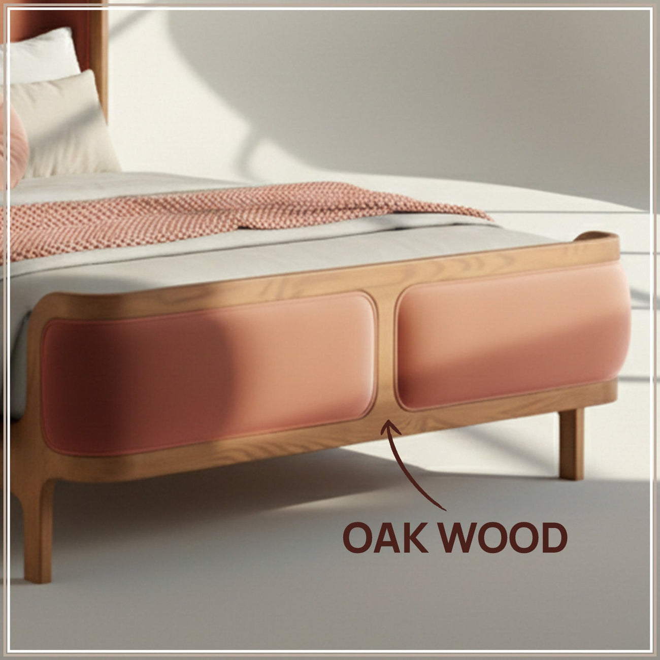 Valerio Duo-Panel Luxe King Size Bed in Antique Rose Velvet with Oak wood Frame