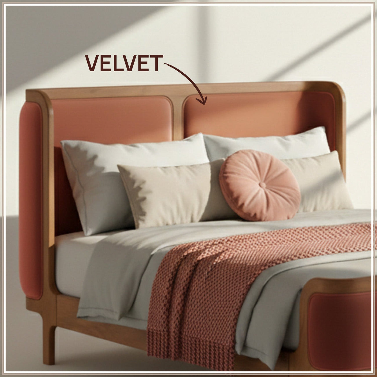 Valerio Duo-Panel Luxe King Size Bed in Antique Rose Velvet with Oak wood Frame
