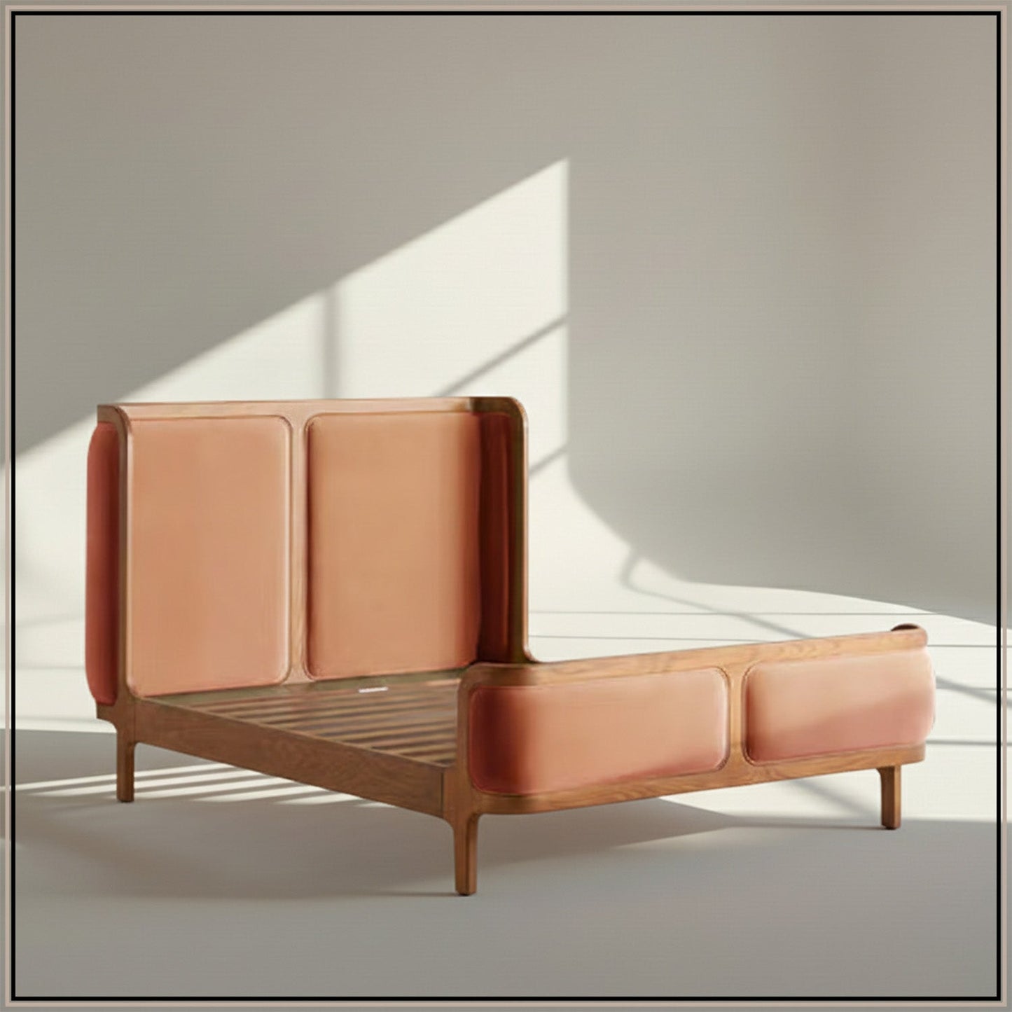 Valerio Duo-Panel Luxe Queen Size Bed in Antique Rose Velvet with Oak wood Frame