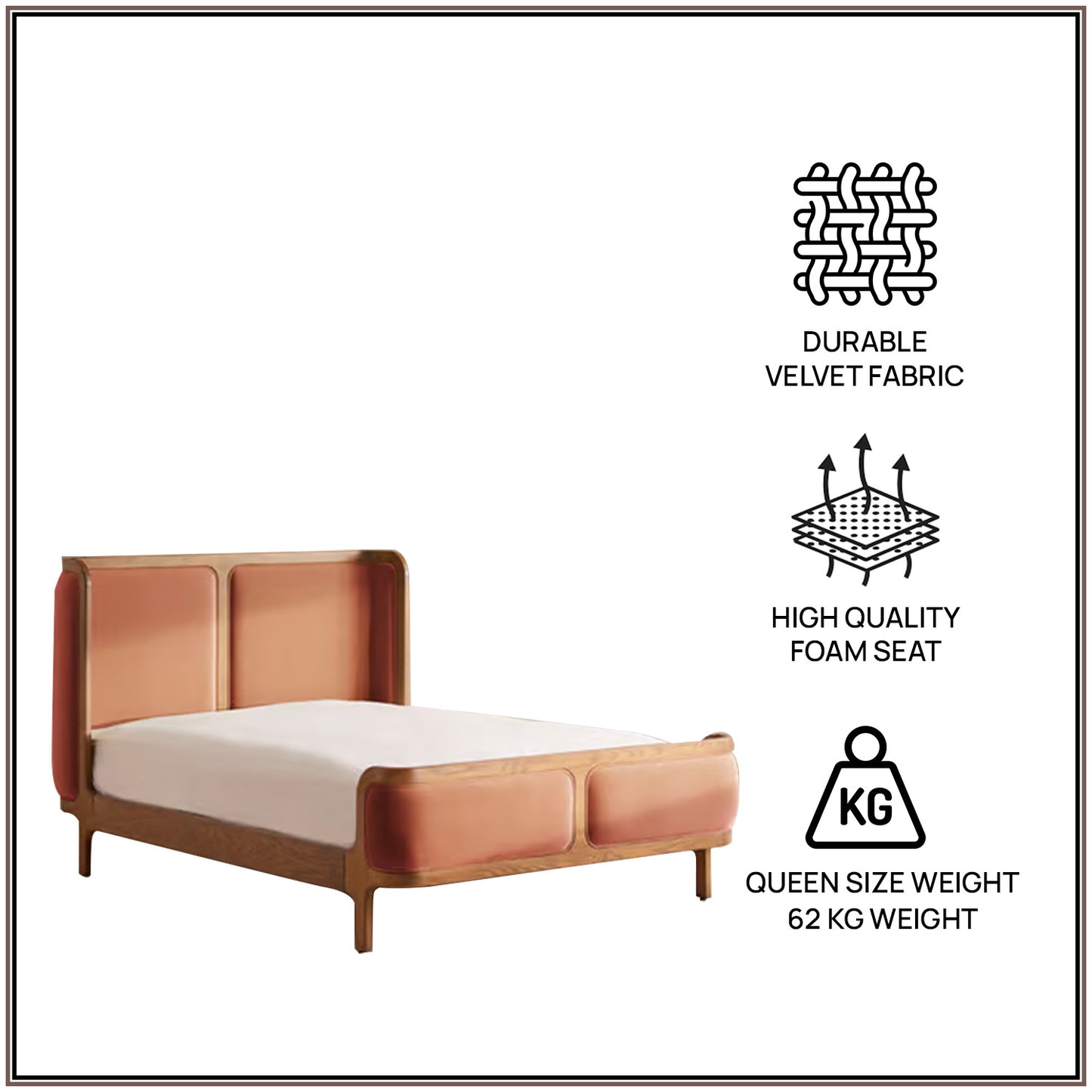 Valerio Duo-Panel Luxe Queen Size Bed in Antique Rose Velvet with Oak wood Frame & Hydraulic Storage