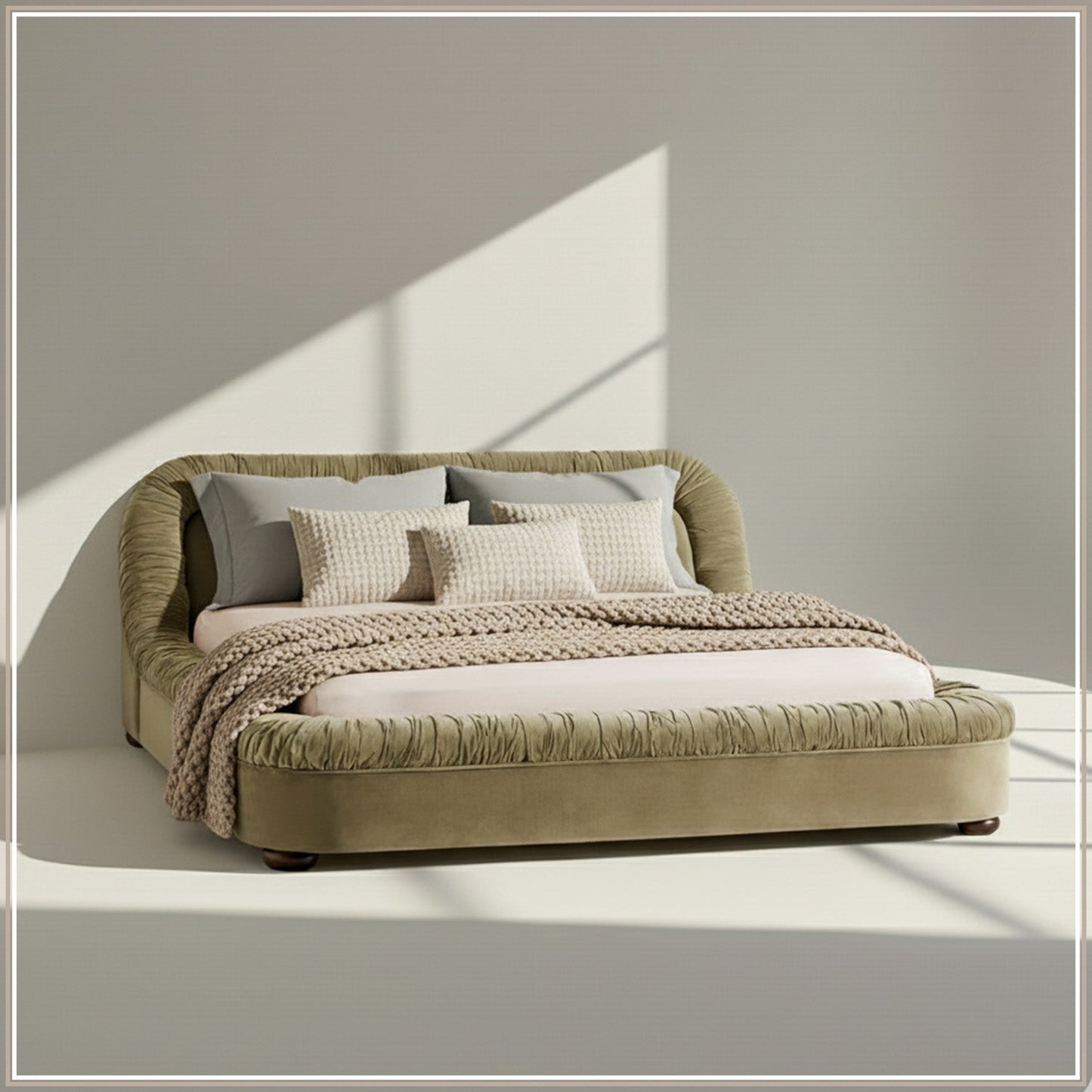 Casa Haven Relax Queen Size Bed in Light Green Velvet with Engineered Hardwood Frame & Hydraulic Storage