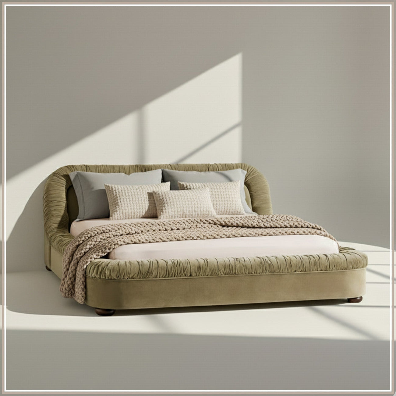 Casa Haven Relax Queen Size Bed in Light Green Velvet with Engineered Hardwood Frame & Hydraulic Storage
