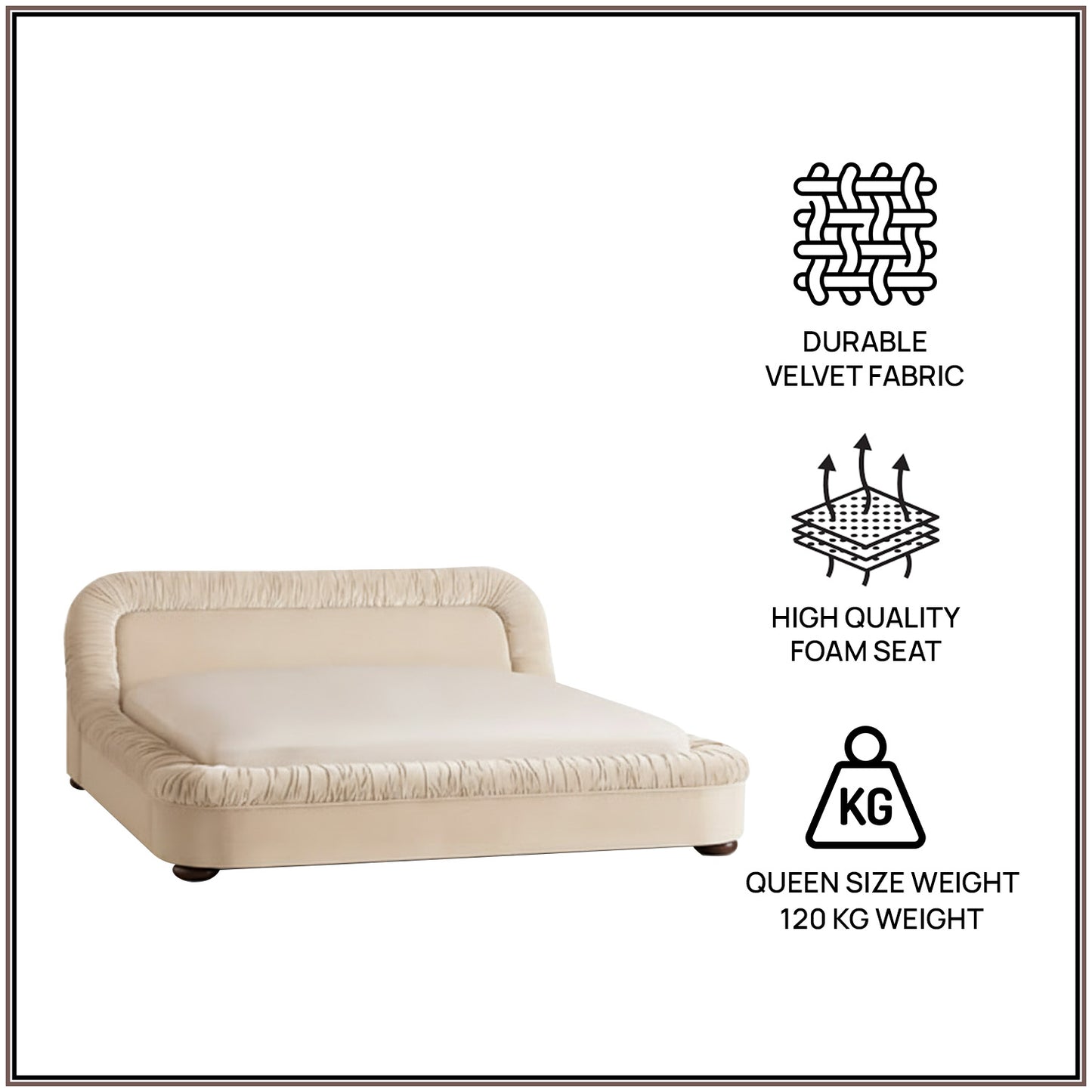 Casa Haven Relax Queen Size Bed in Off White Velvet with Engineered Hardwood Frame & Hydraulic Storage