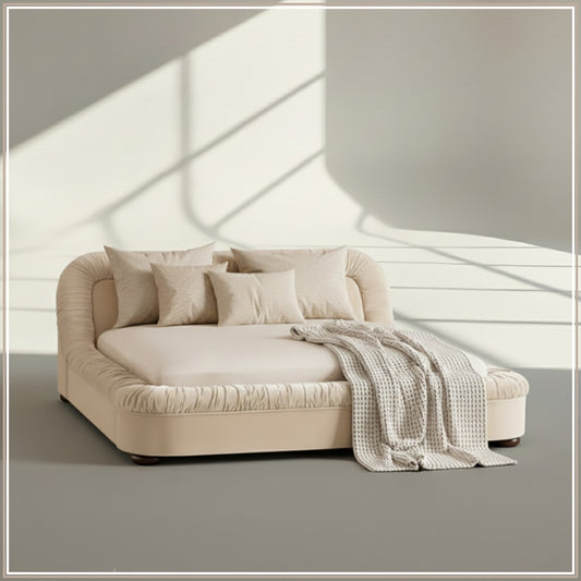 Casa Haven Relax Queen Size Bed in Off White Velvet with Engineered Hardwood Frame & Hydraulic Storage