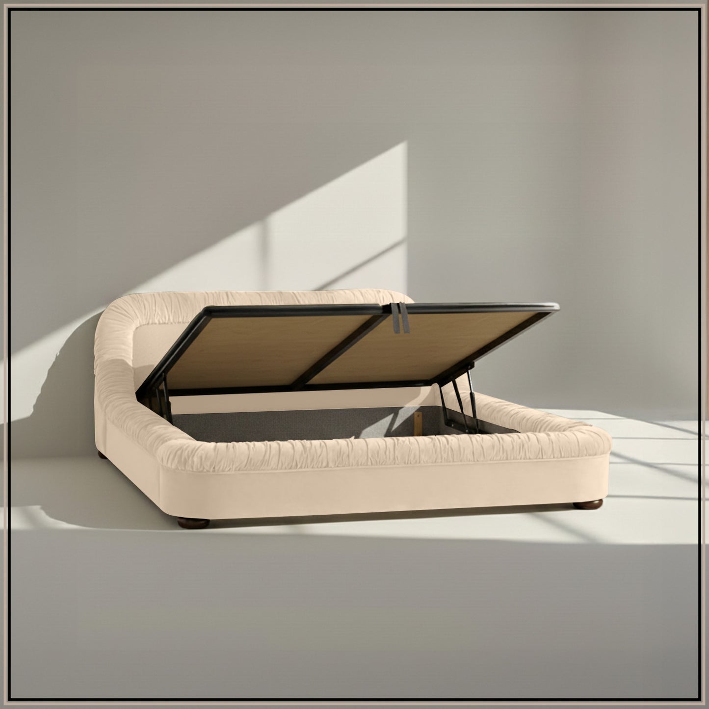 Casa Haven Relax Queen Size Bed in Off White Velvet with Engineered Hardwood Frame & Hydraulic Storage