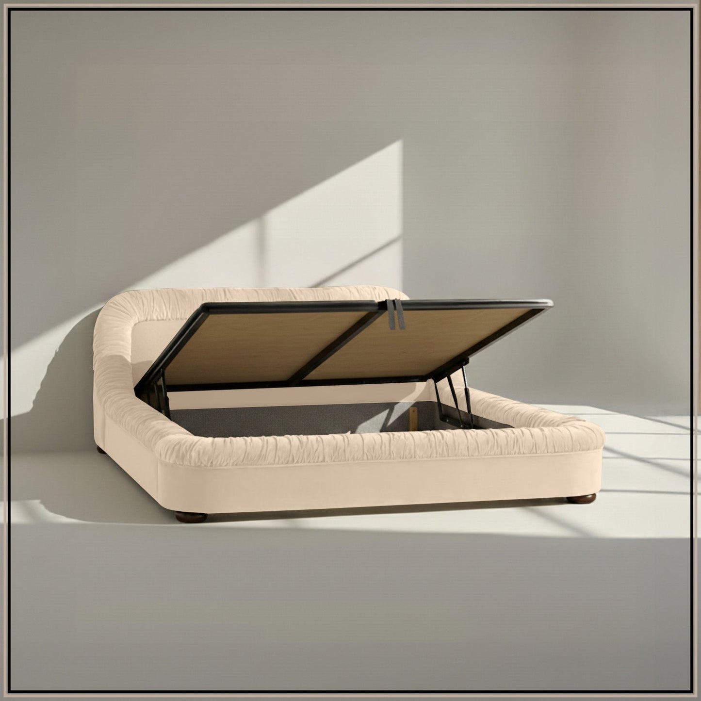Casa Haven Relax Queen Size Bed in Off White Velvet with Engineered Hardwood Frame & Hydraulic Storage