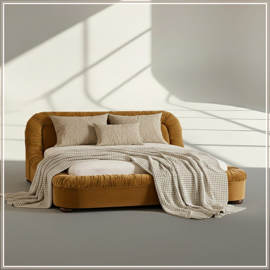 Casa Haven Relax Queen Size Bed in Mustard Velvet with Engineered Hardwood Frame & Hydraulic Storage