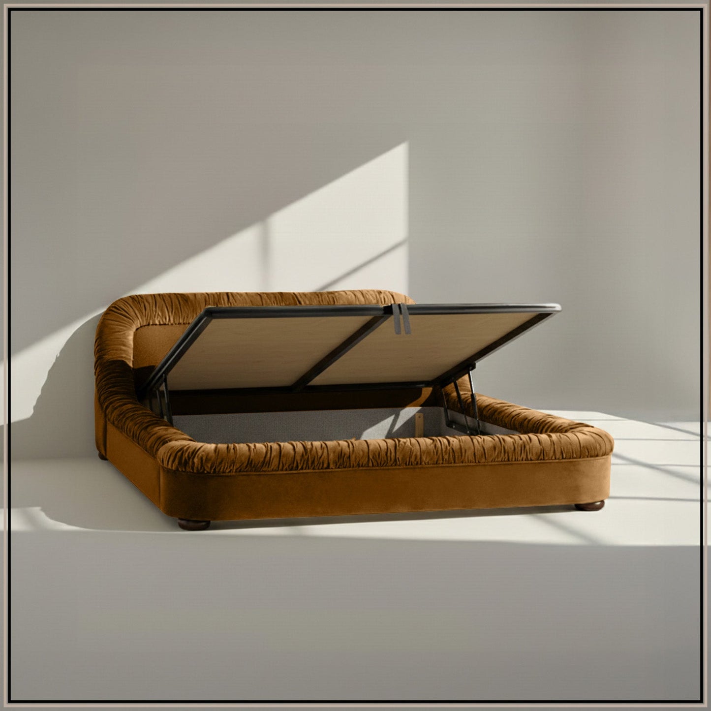 Casa Haven Relax Queen Size Bed in Mustard Velvet with Engineered Hardwood Frame & Hydraulic Storage