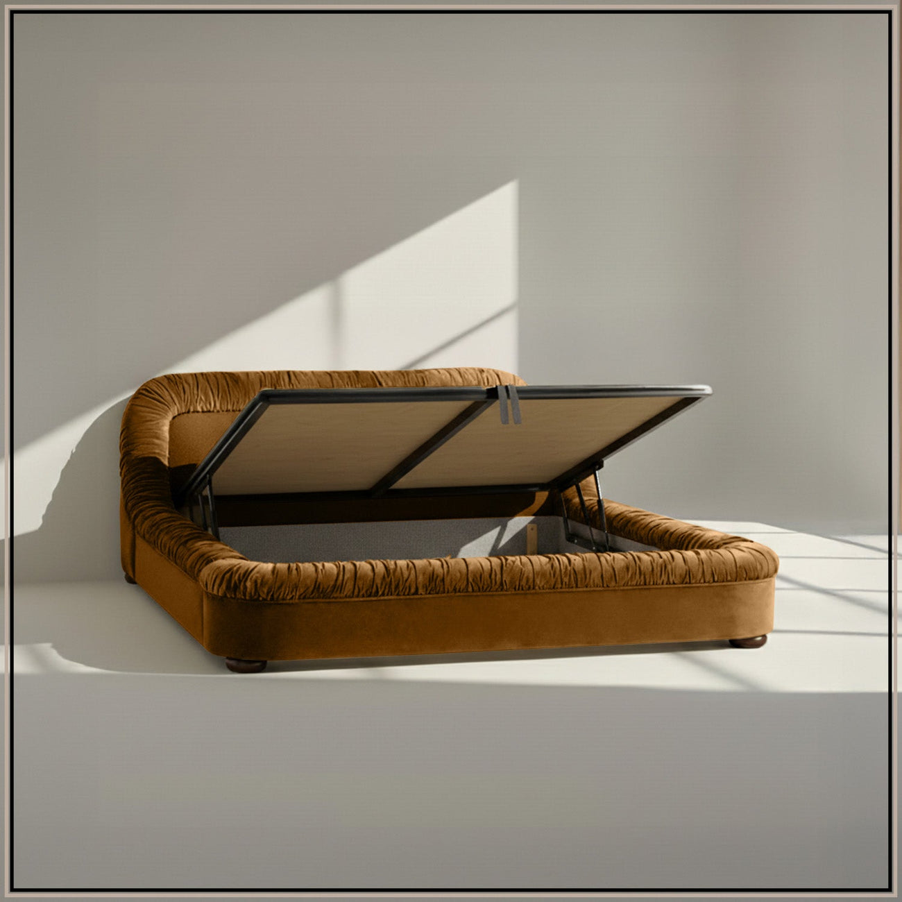 Casa Haven Relax Queen Size Bed in Mustard Velvet with Engineered Hardwood Frame & Hydraulic Storage