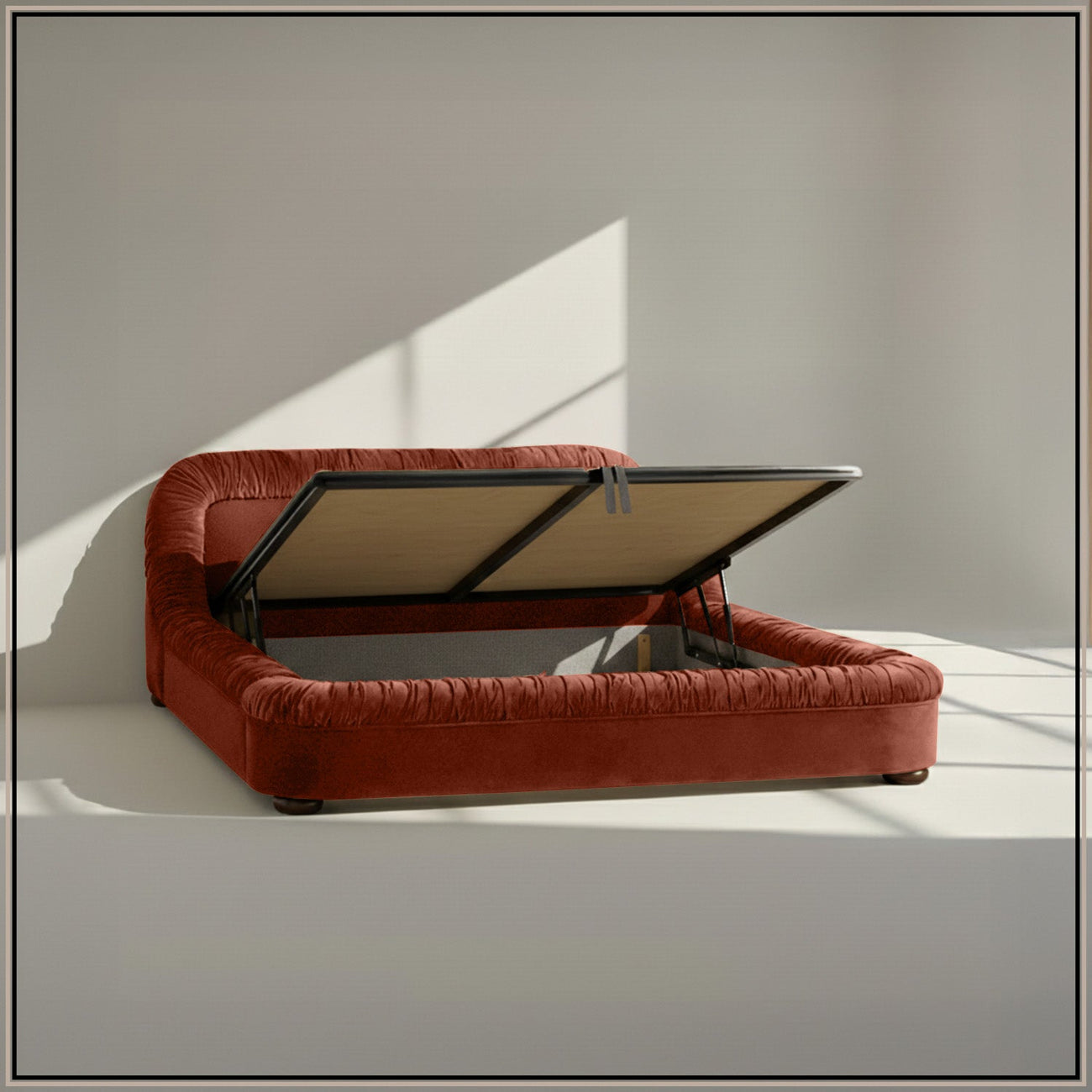 Casa Haven Relax King Size Bed in Rust Velvet with Engineered Hardwood Frame & Hydraulic Storage